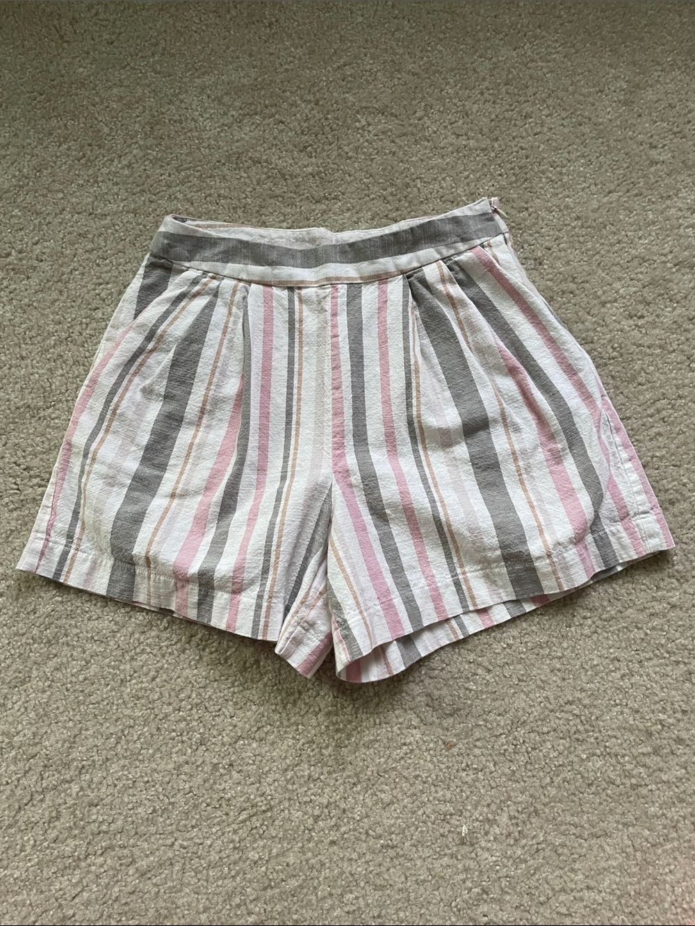 Lush Striped High-Waist Pleated Shorts in Pink, Gray & White